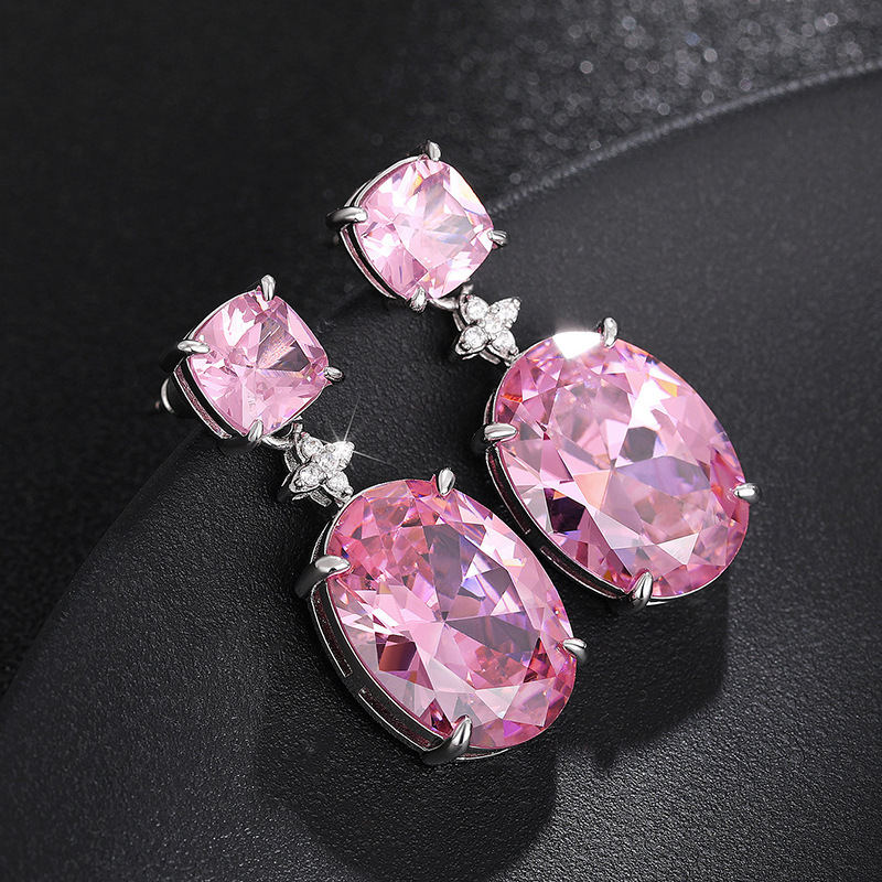Women's Pink Synthetic Zirconia Oval Pendant Earrings, Luxury